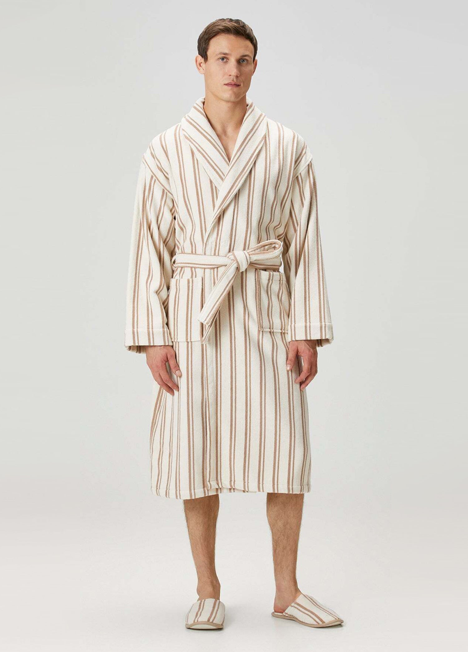 In Lines Yarn-Dyed Men's Bathrobe Mocha