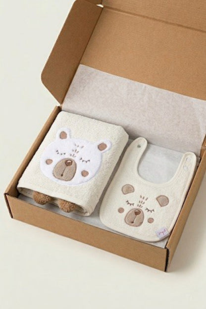Teddy 2-Piece Organic Newborn Gift Set Cream | Towel, Bib