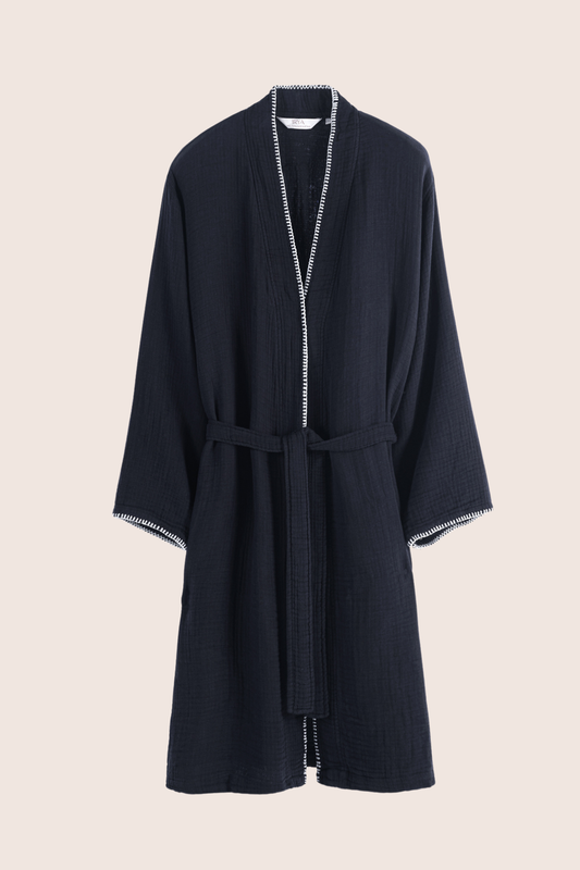 Loom 4 Katlı Müslin Çoban Dikişli Bornoz Takımı Lacivert