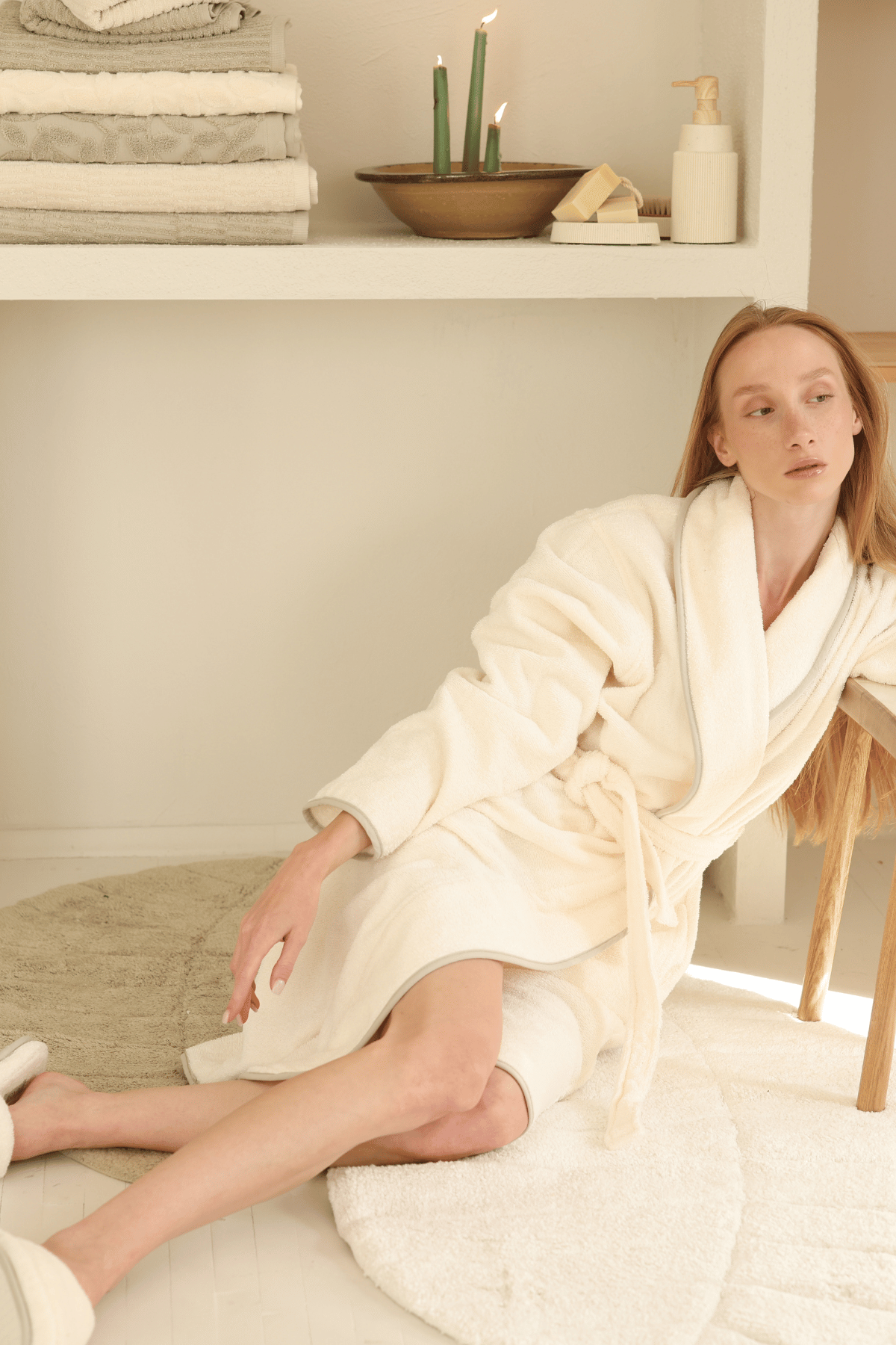 Allesi %100 Pamuk Kadın Bornoz Ekru