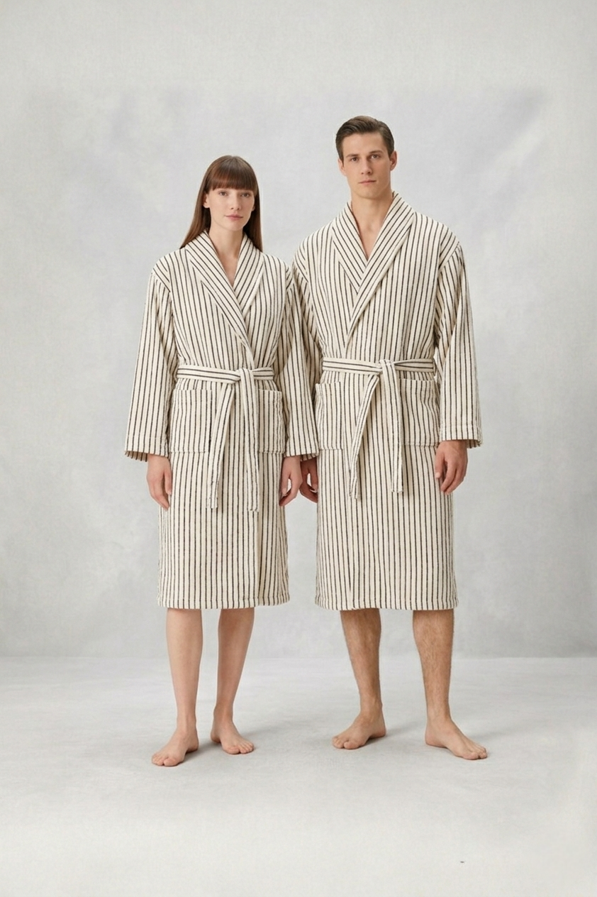 In Lines İpliği Boyalı Bornoz Takımı Ekru