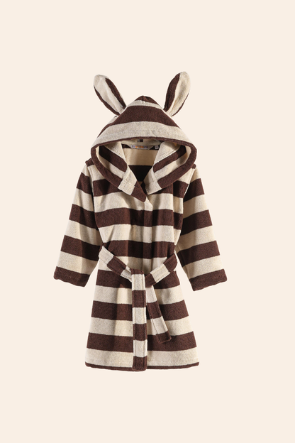 Bunny In Lines İpliği Boyalı %100 Pamuk Çocuk Bornoz Krem Kahve