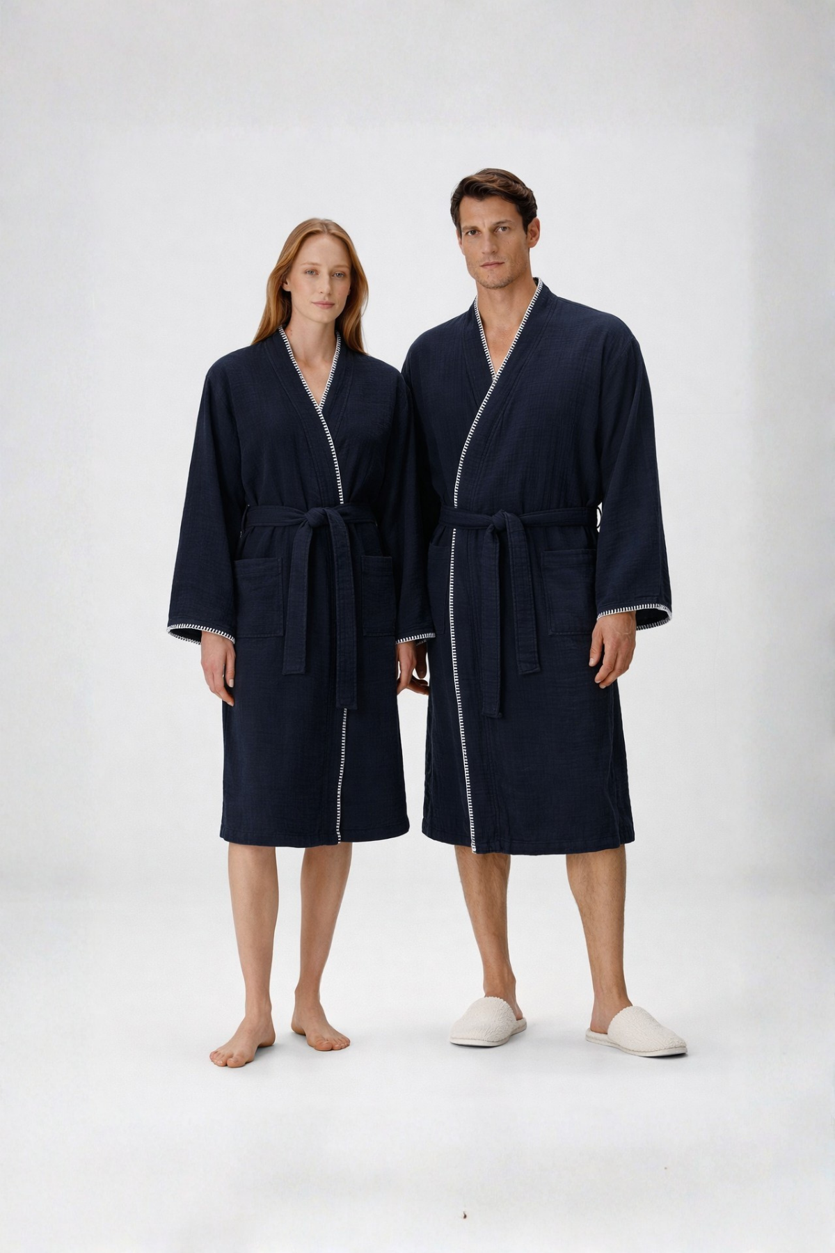 Loom 4 Katlı Müslin Çoban Dikişli Bornoz Takımı Lacivert