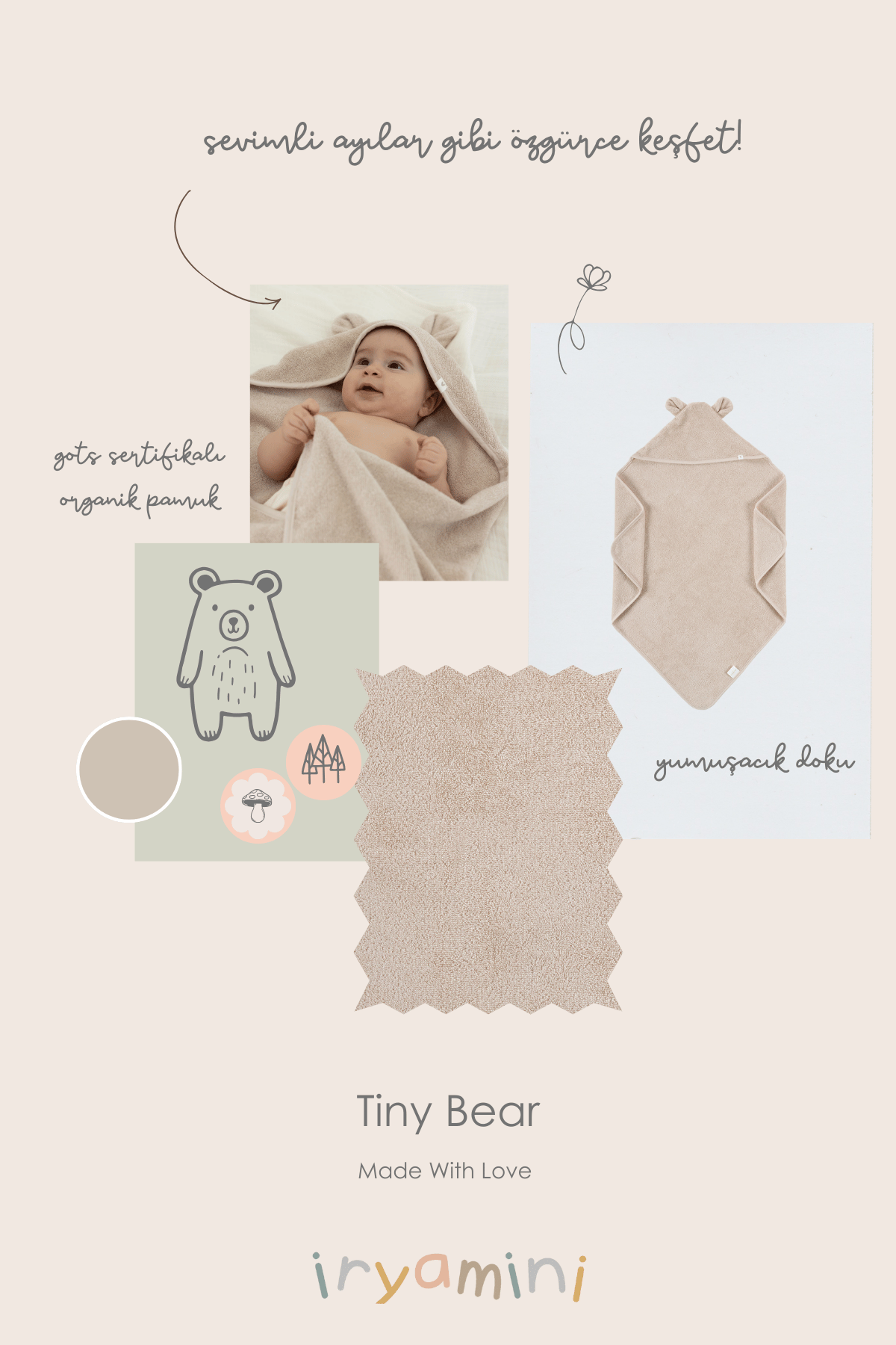 Tiny Bear Organic Cotton Baby Swaddle Beige 75x75