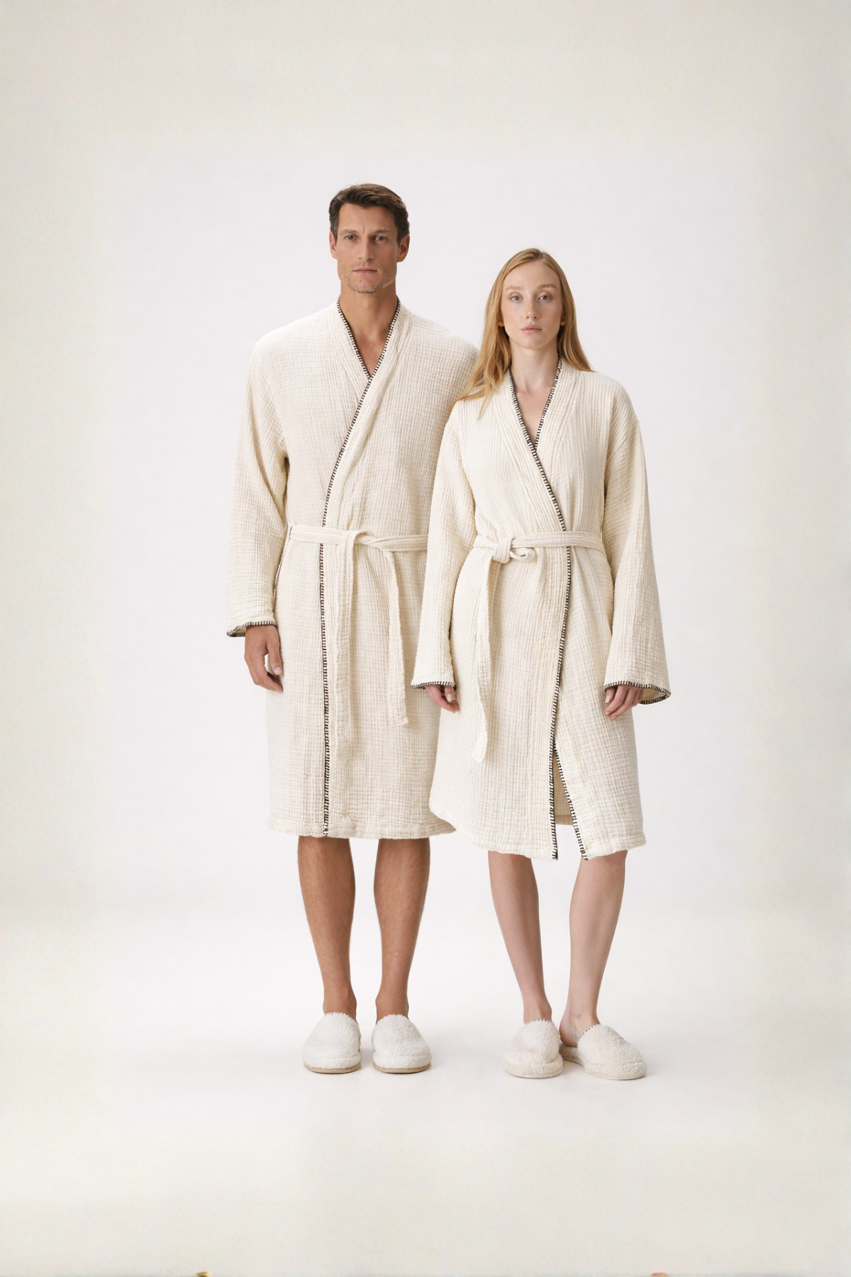 Loom 4 Katlı Müslin Çoban Dikişli Bornoz Takımı Kum Bej