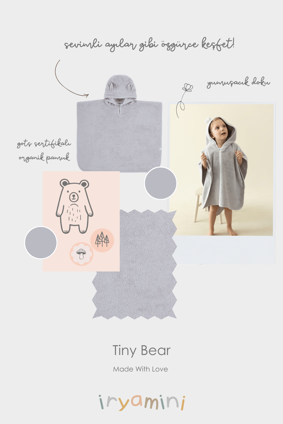 Tiny Bear Organic Cotton Kids Poncho Gray