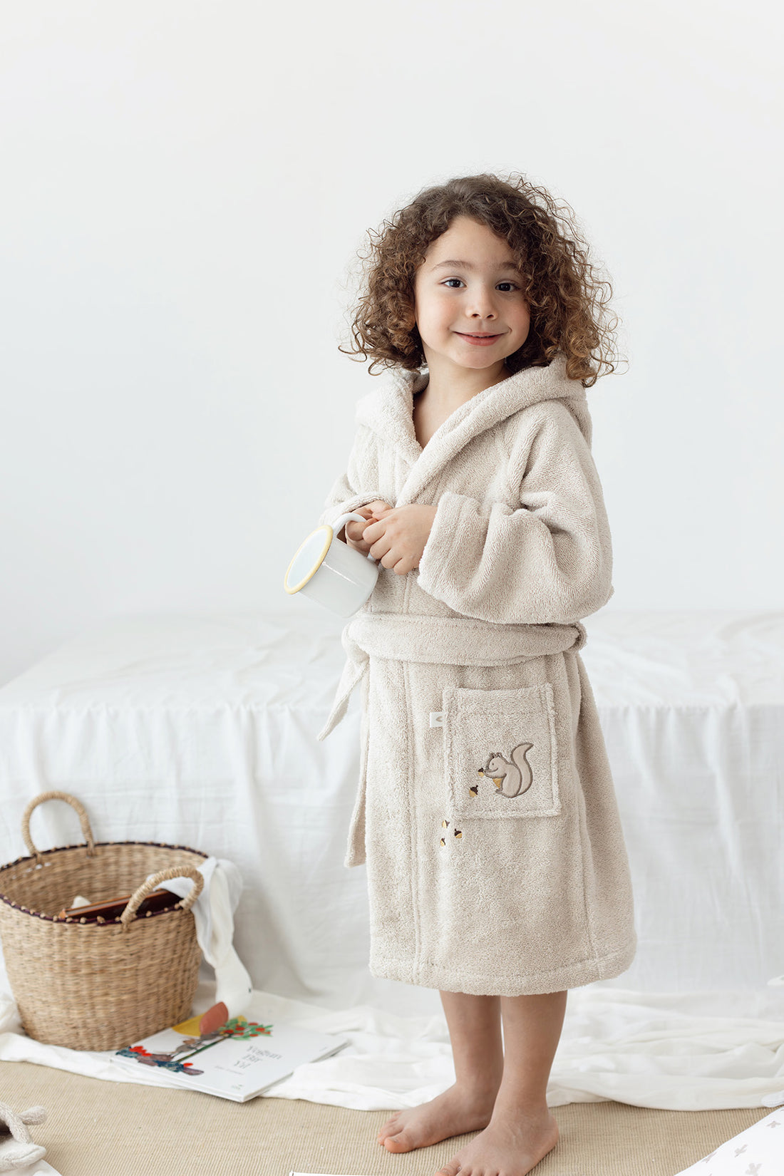 Tiny Squirrel Organic Cotton Embroidered Kids Bathrobe Beige