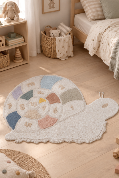 Milo The Snail Tekli %100 Pamuk Çocuk Odası Halısı 95x140 Cm Ekru
