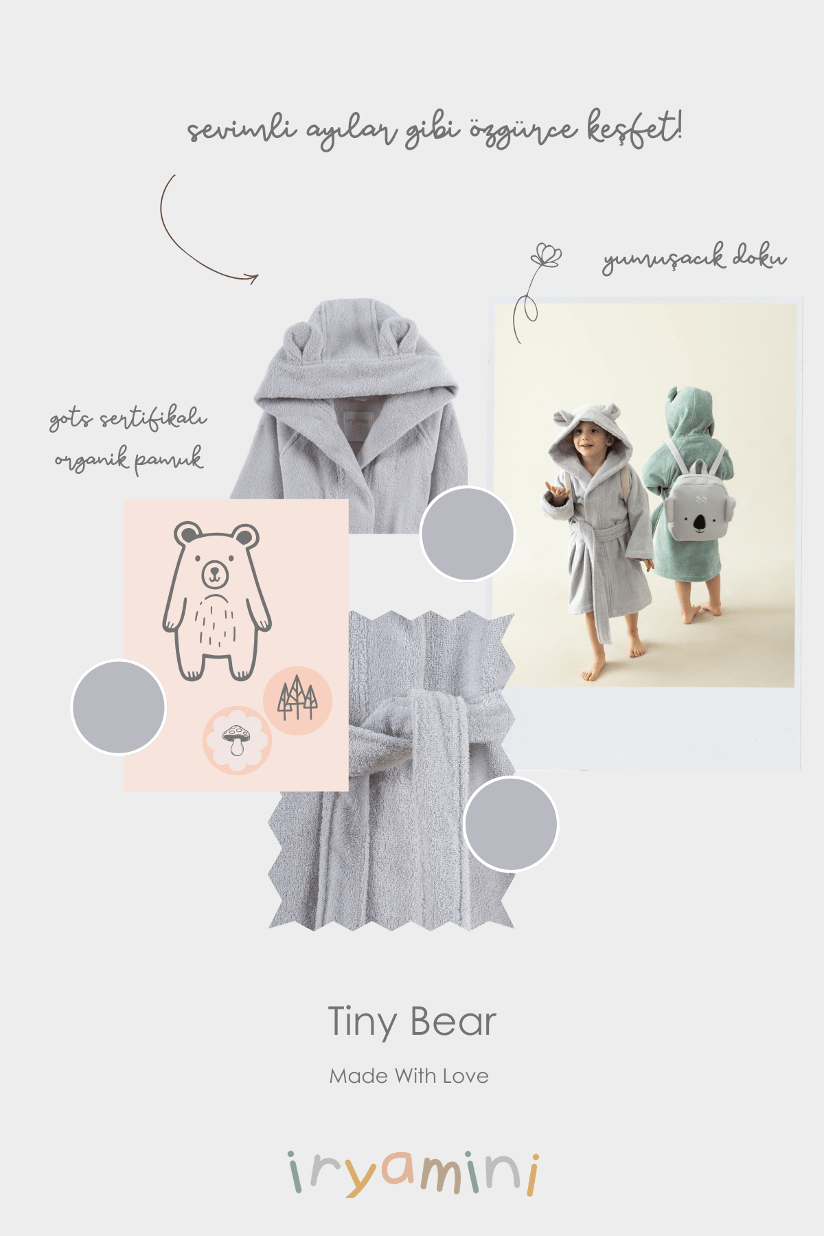 Tiny Bear Organic Cotton Kids Bathrobe Gray