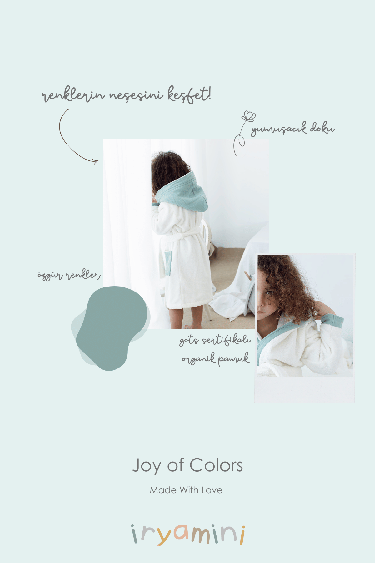 Joy of Colors Organik Pamuk Müslin Detaylı Çocuk Bornoz Mint