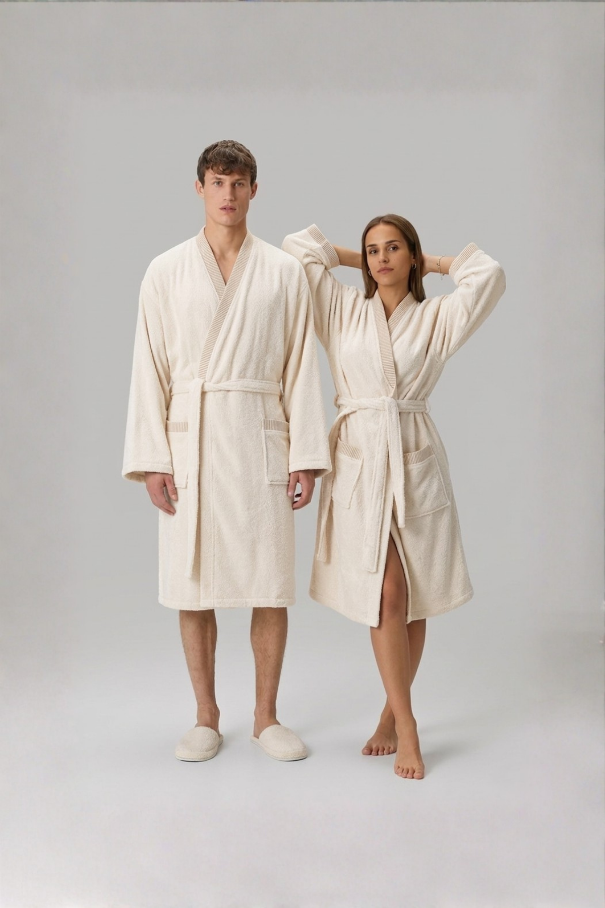 Marble %100 Pamuk Bornoz Takımı Krem