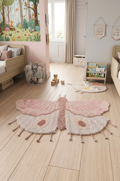 Butterfly Tekli %100 Pamuk Çocuk Odası Halısı 70x120 Cm Soft Pembe