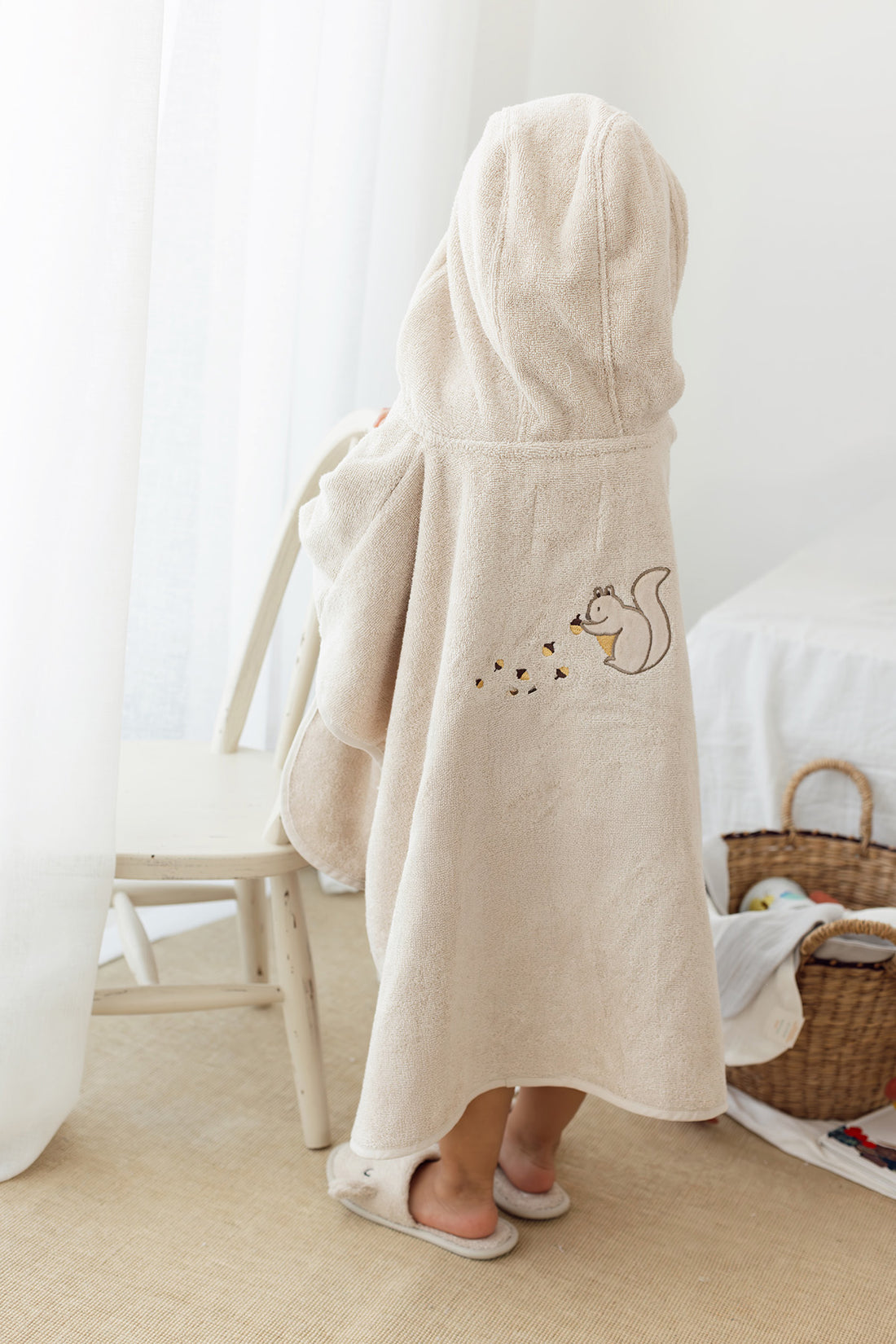 Tiny Squirrel Organic Cotton Embroidered Child Poncho Beige