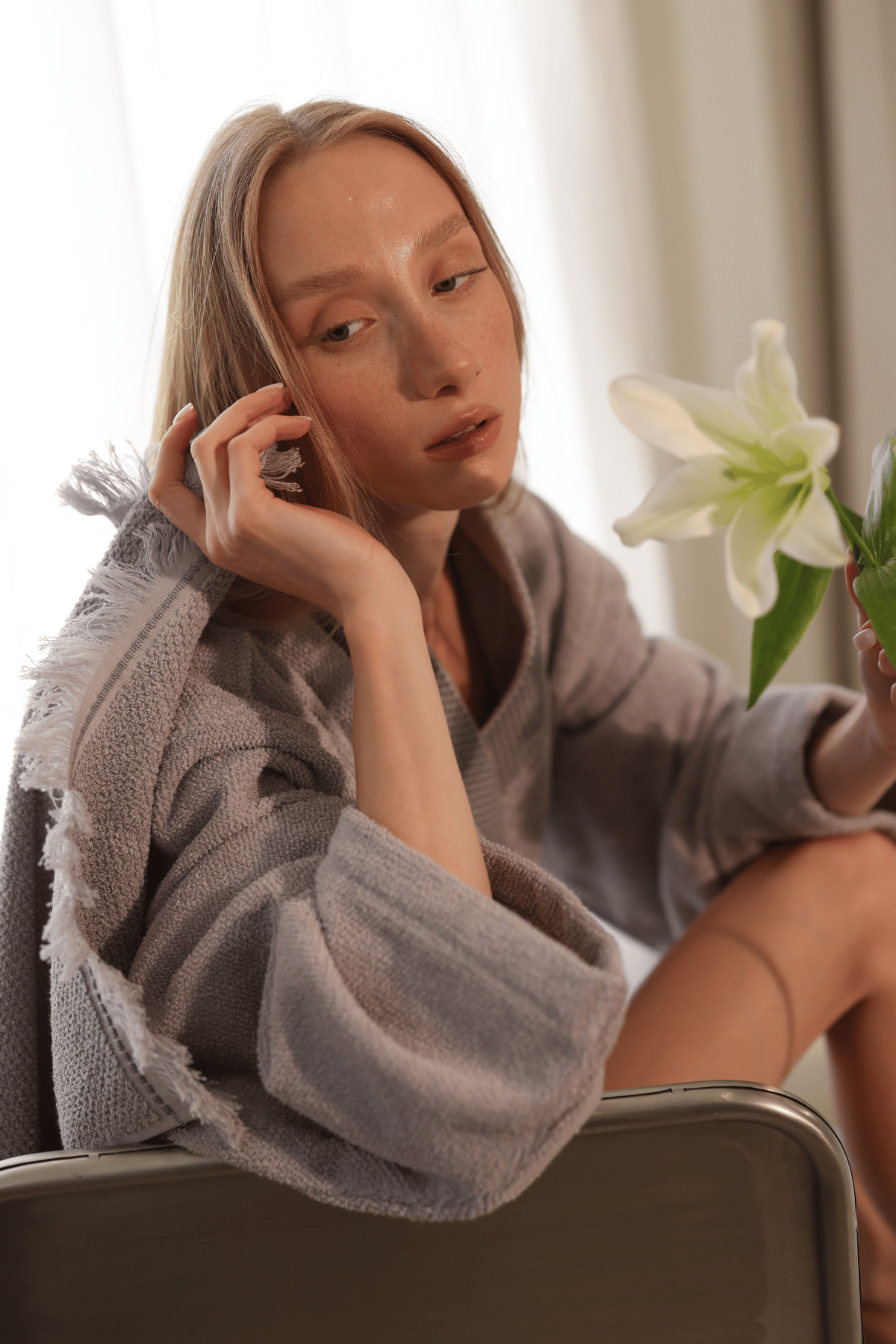 Travertine %100 Pamuk Kadın Bornoz Gri