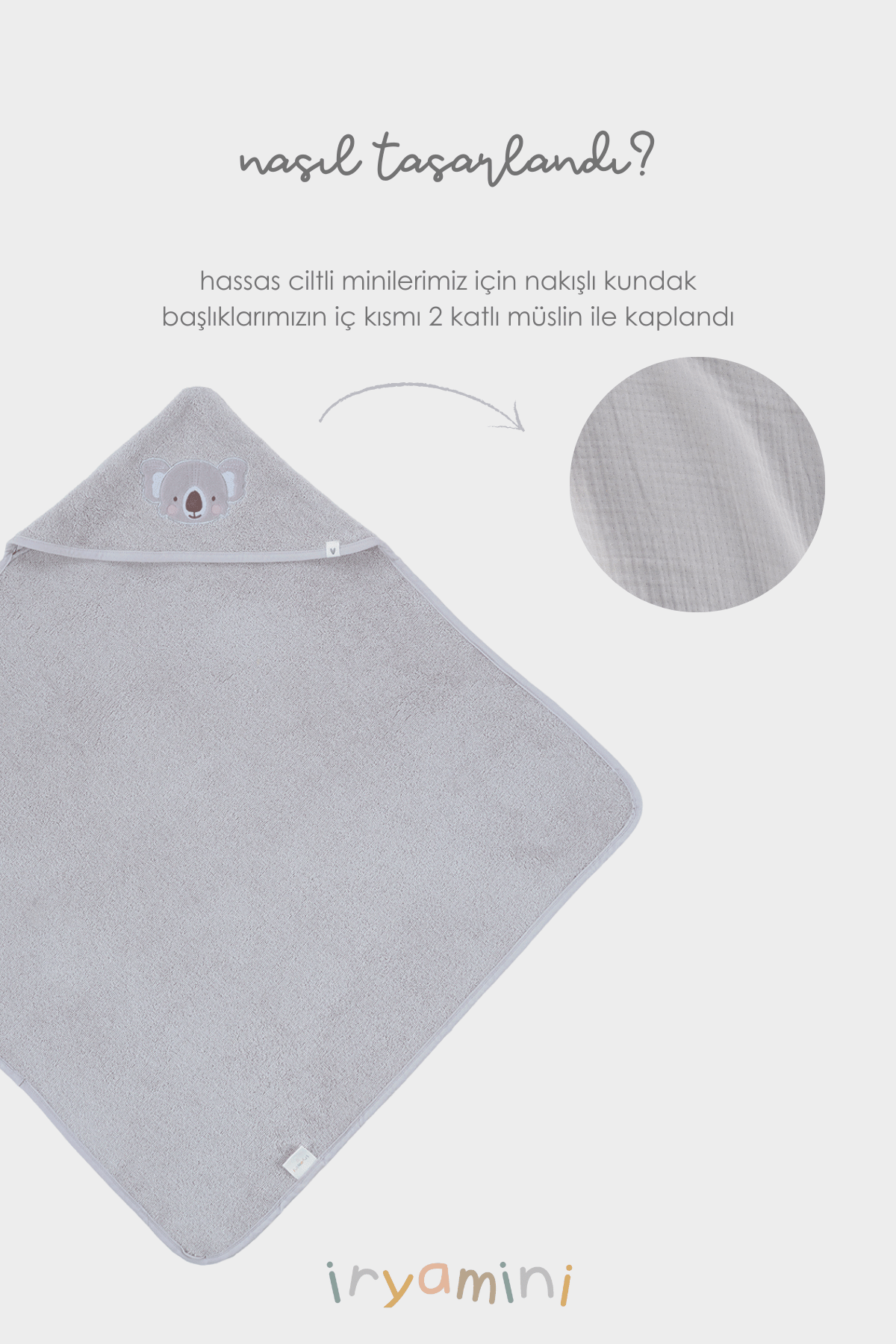 Tiny Koala Organic Cotton Embroidered Baby Swaddle Gray 75x75