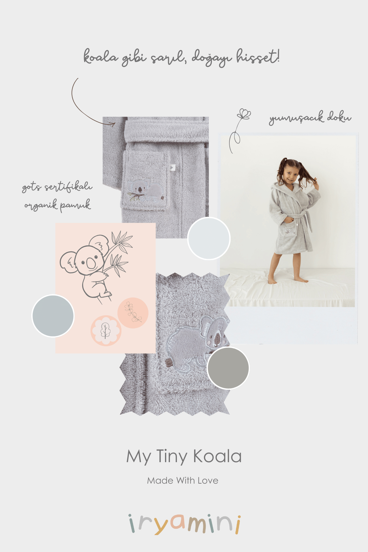 Tiny Koala Organic Cotton Embroidered Kids Bathrobe Gray
