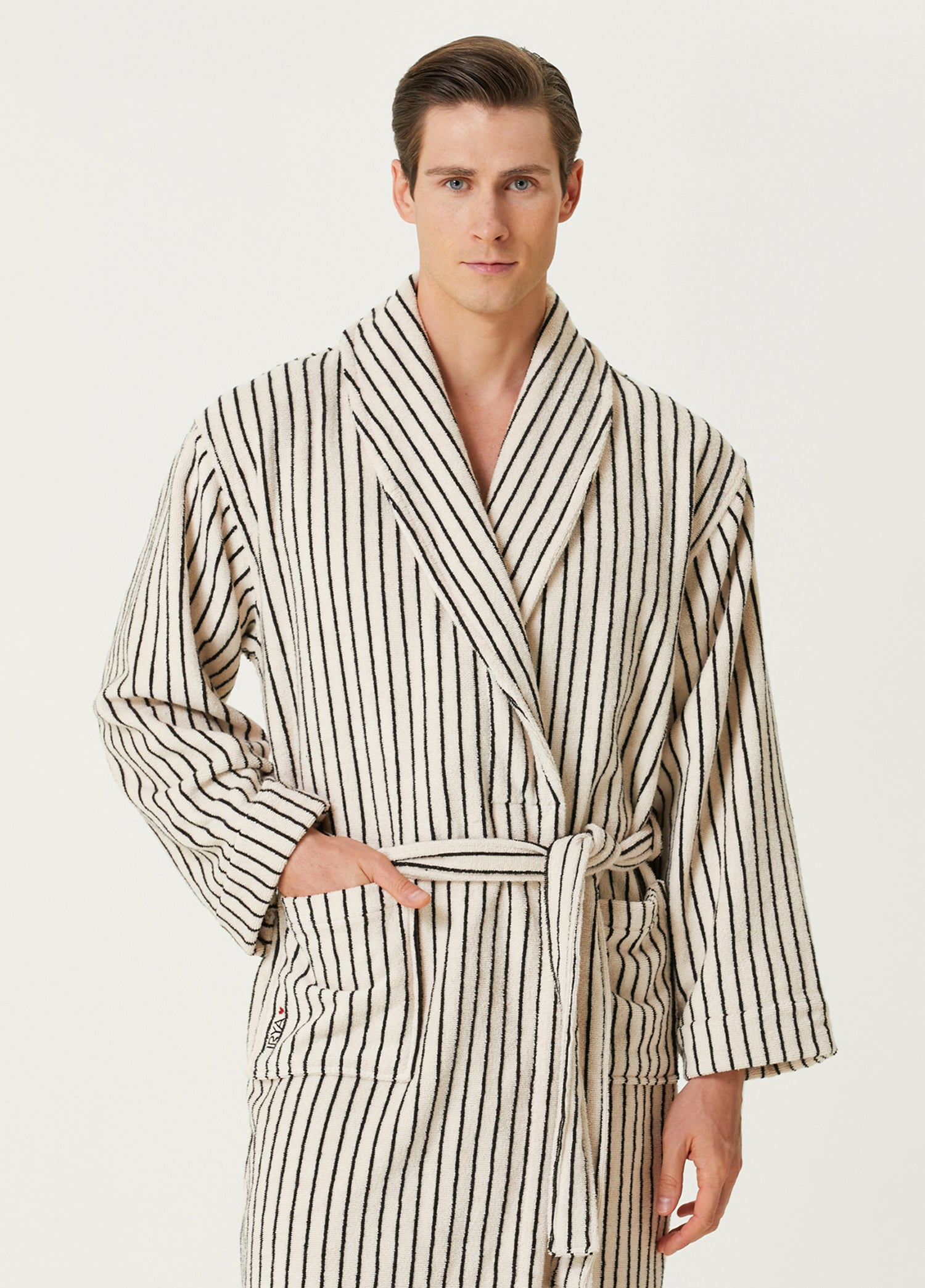 In Lines Yarn Dyed Men's Bathrobe Ecru