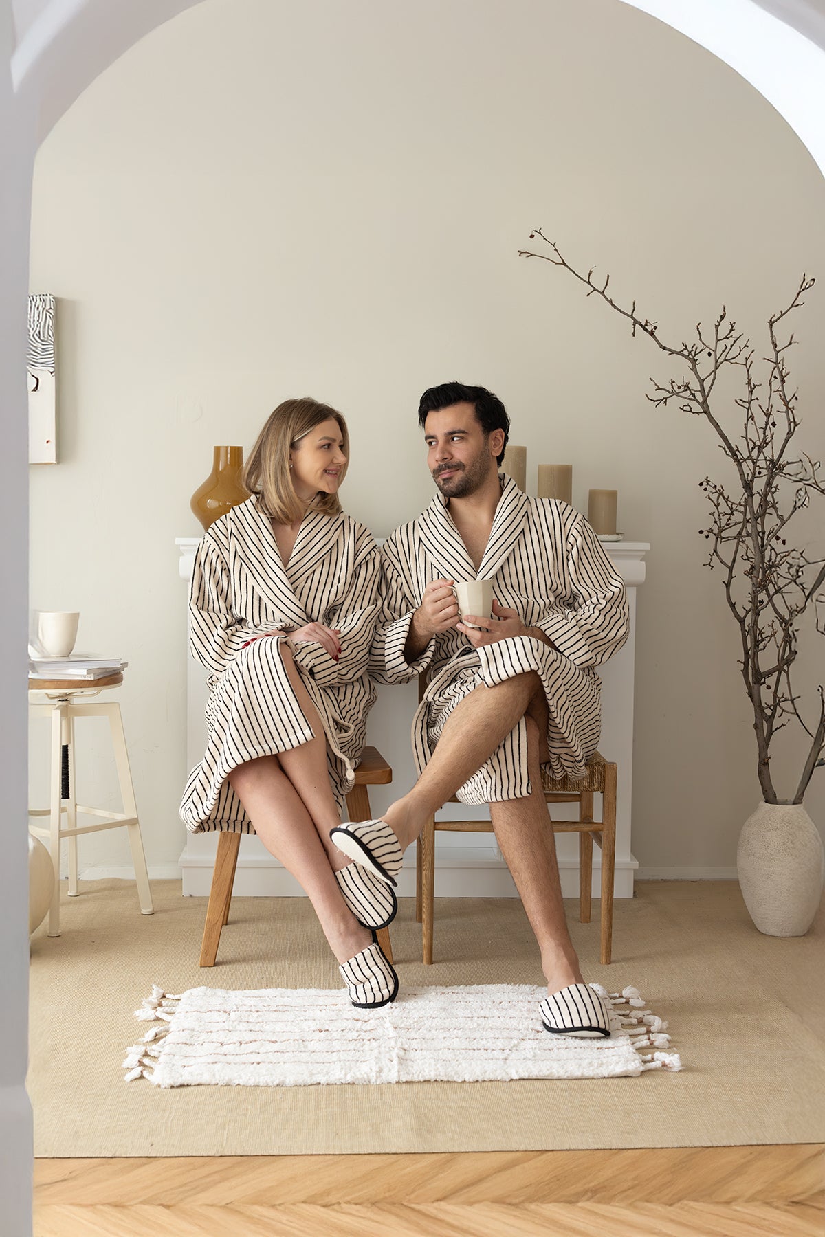 In Lines İpliği Boyalı Bornoz Takımı Ekru