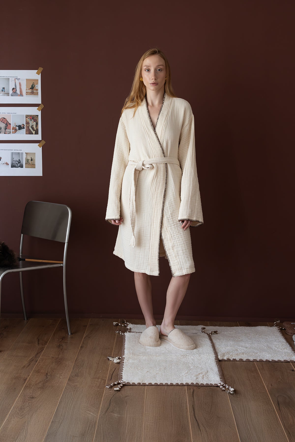 Loom 4 Katlı Müslin Çoban Dikşili Kadın Bornoz Kum Bej