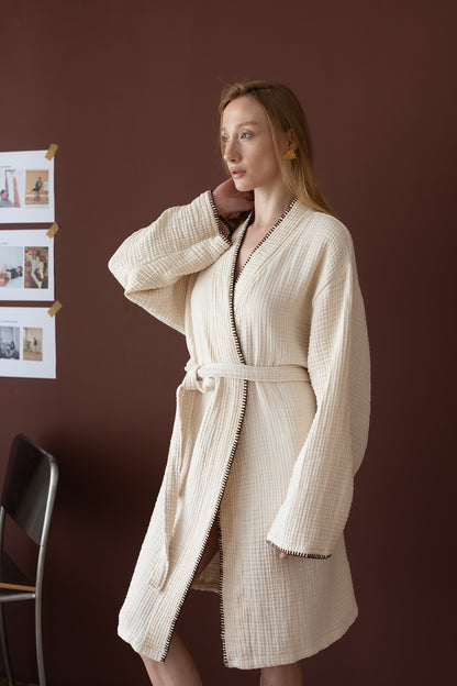 Loom 4 Katlı Müslin Çoban Dikşili Kadın Bornoz Kum Bej