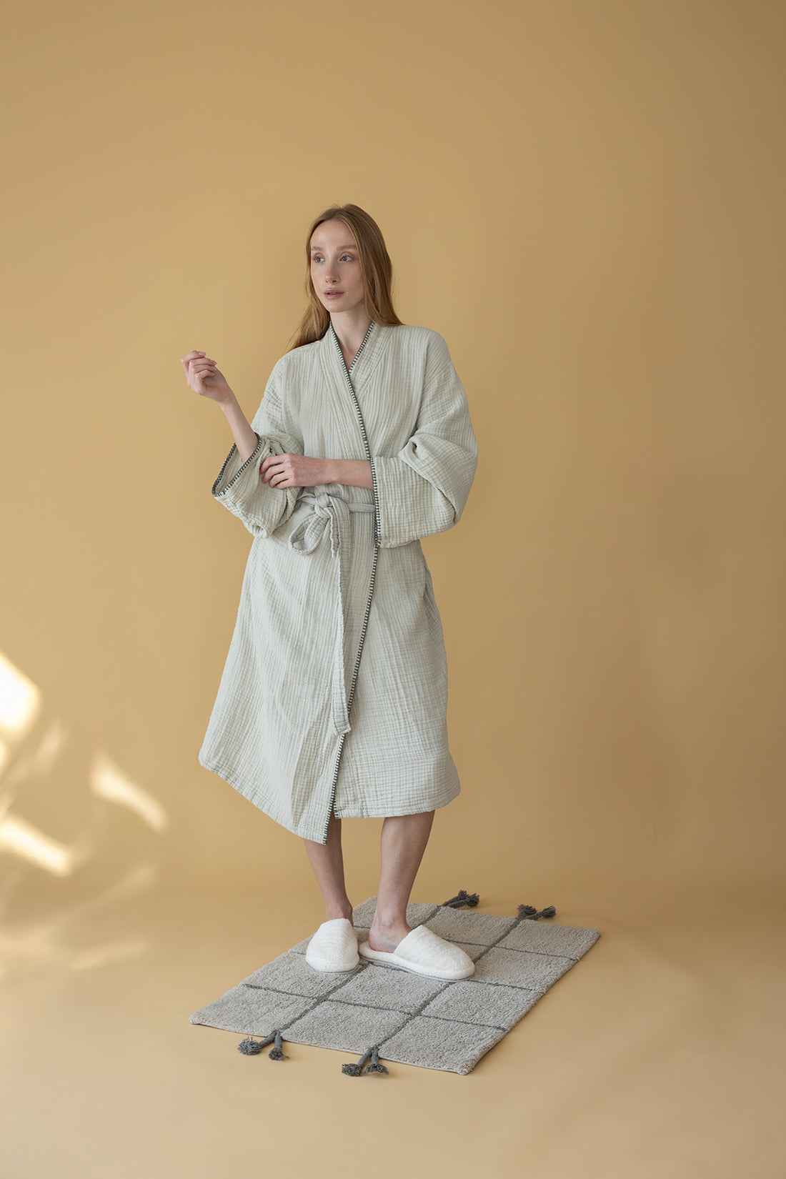 Loom 4 Katlı Müslin Çoban Dikişli Kadın Bornoz Adaçayı