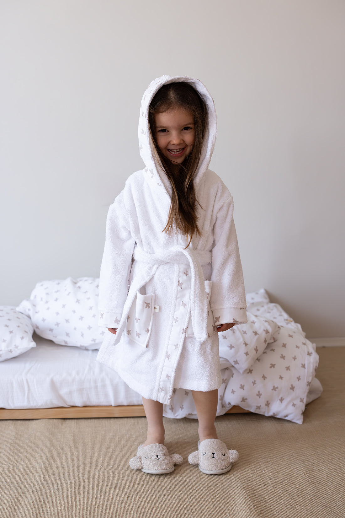 Birdie Organic Cotton Muslin Detailed Kids Bathrobe White