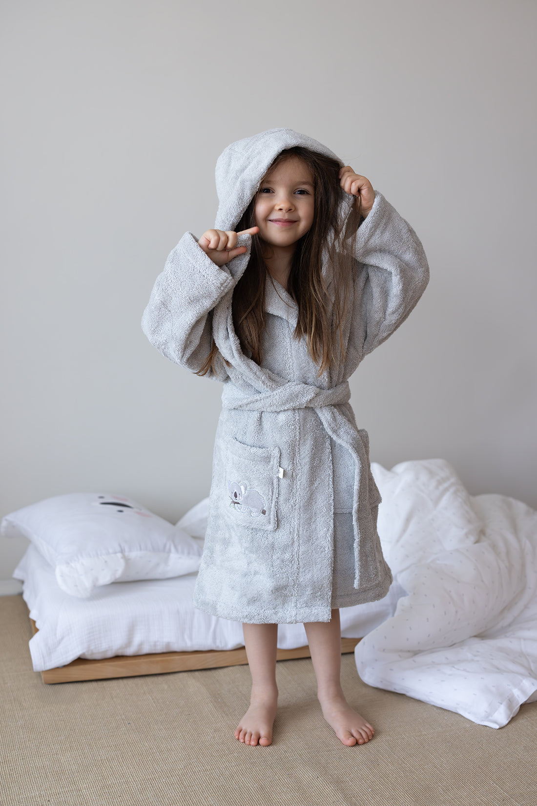 Tiny Koala Organic Cotton Embroidered Kids Bathrobe Gray