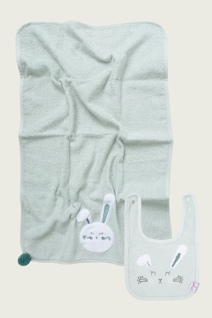 Bunny 2-Piece Organic Cotton Newborn Gift Set Mint | Towel, Bib