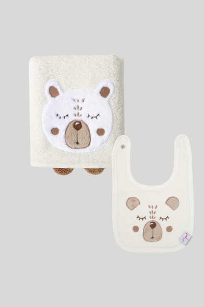 Teddy 2-Piece Organic Newborn Gift Set Cream | Towel, Bib