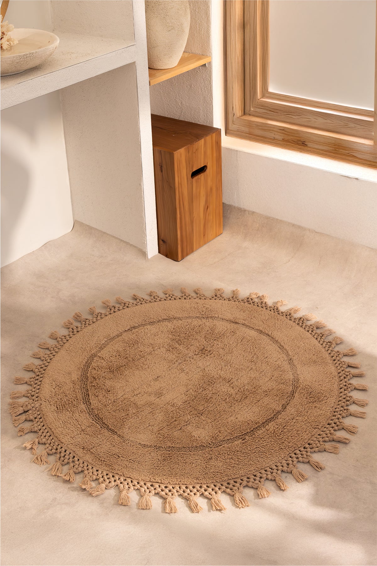 Nora Yuvarlak Banyo Paspası %100 Pamuk 90x90 Bej