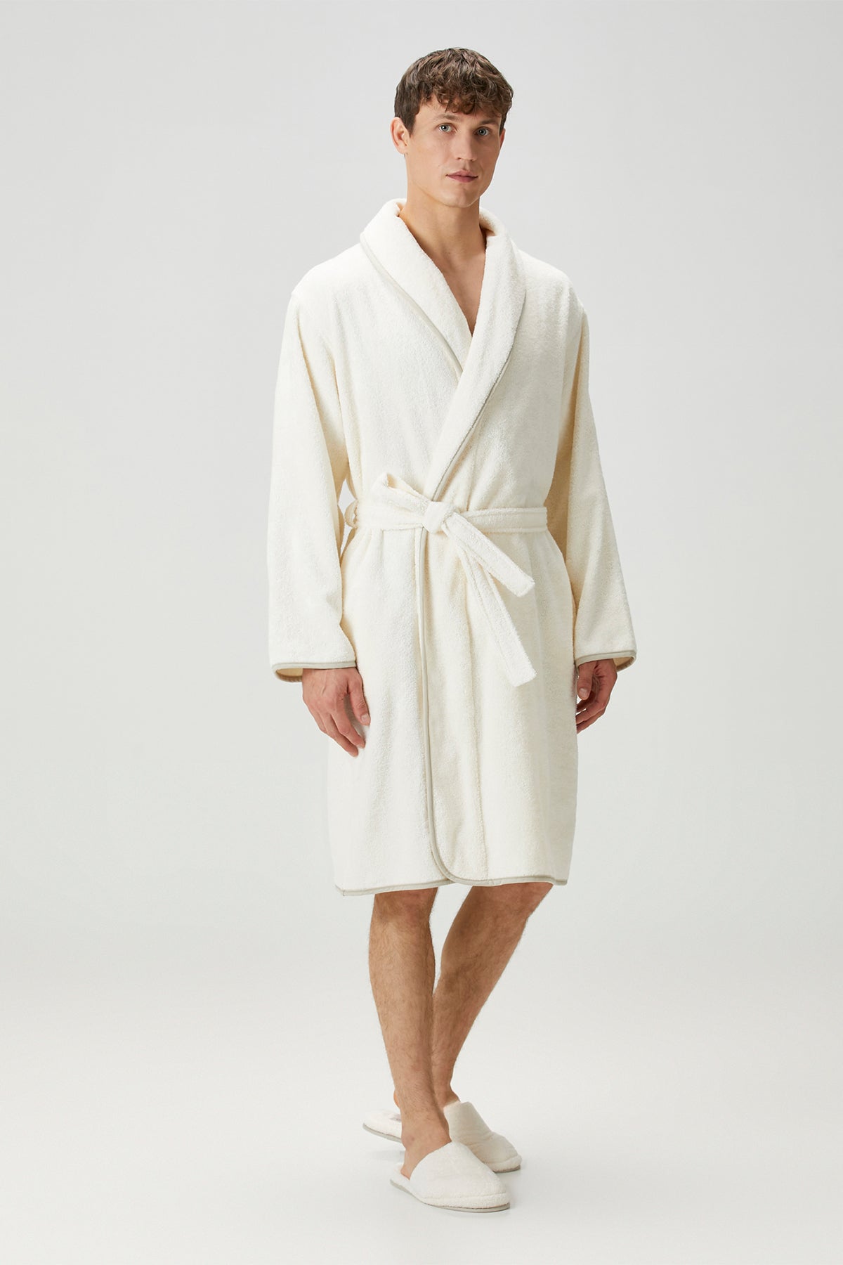 Allesi %100 Pamuk Erkek Bornoz Ekru