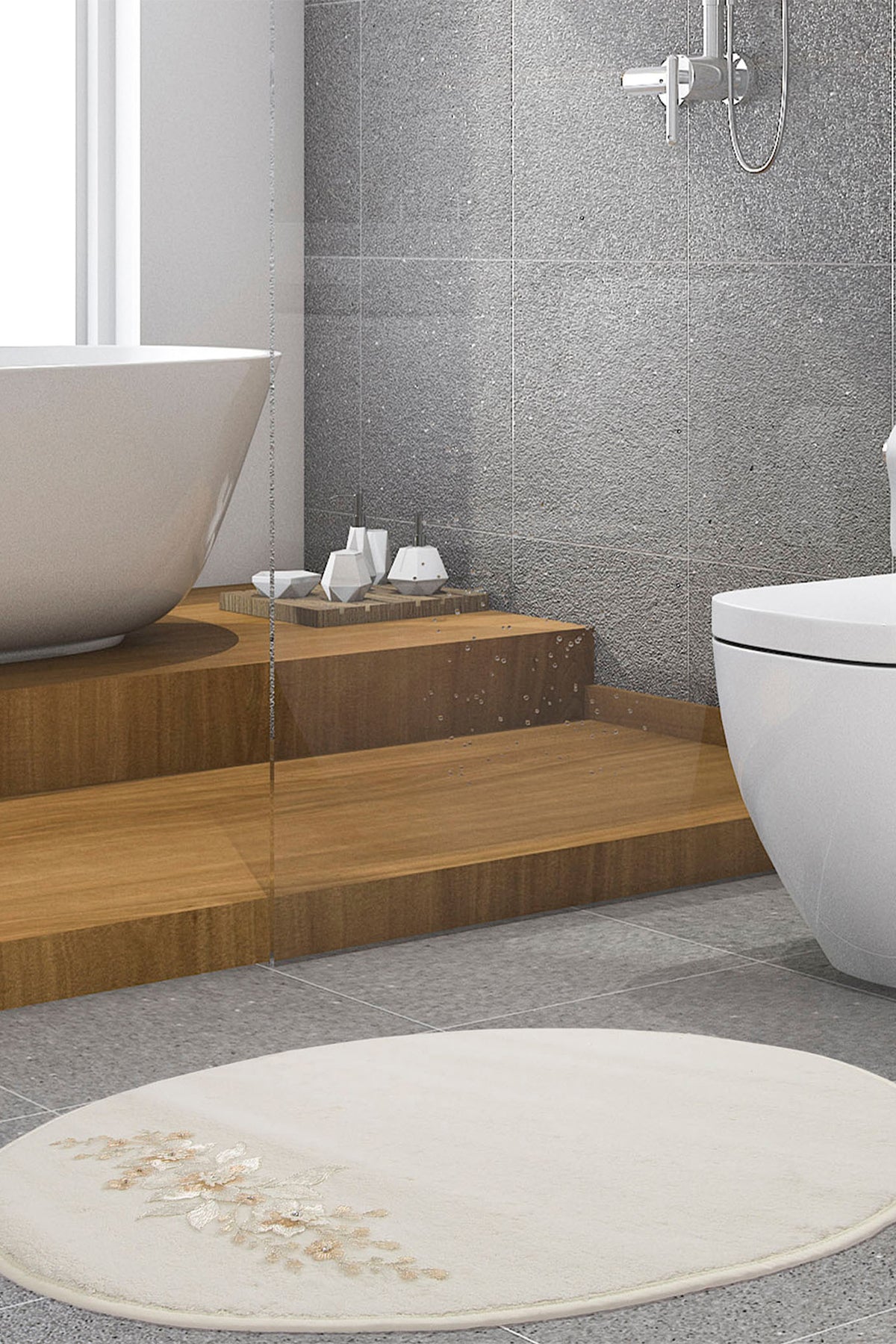 Percevie Oval Nakışlı Banyo Paspası Ekru 70x115