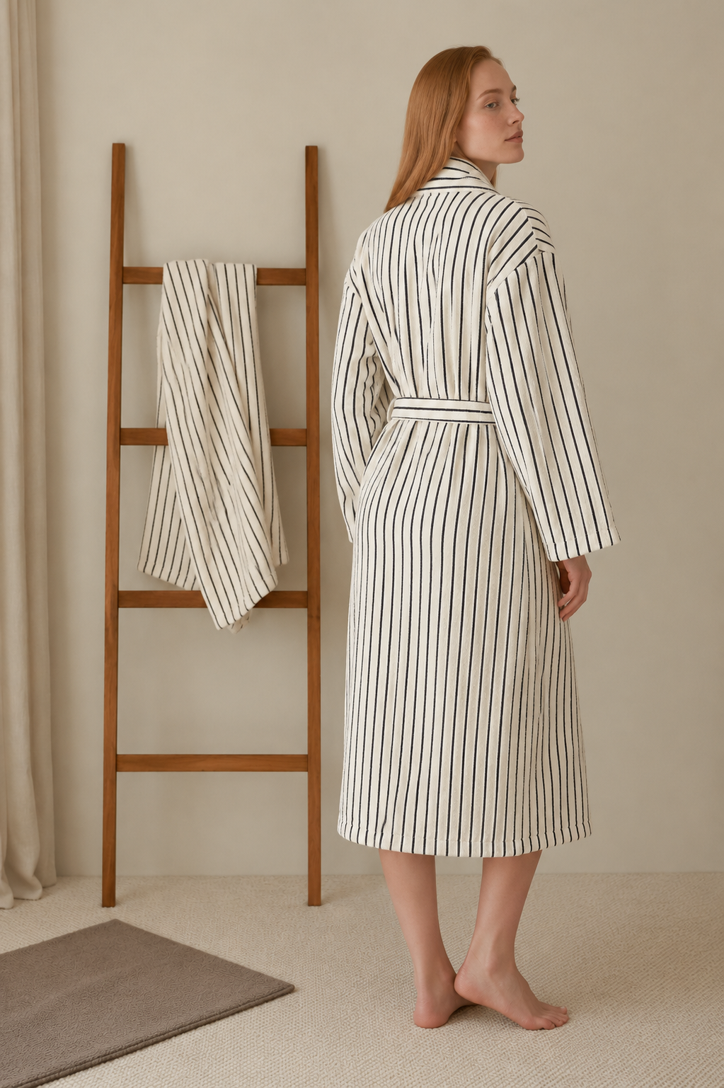 In Lines Yarn Dyed Women's Bathrobe Ecru