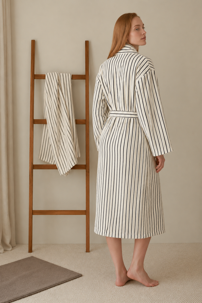 In Lines Yarn Dyed Women's Bathrobe Ecru