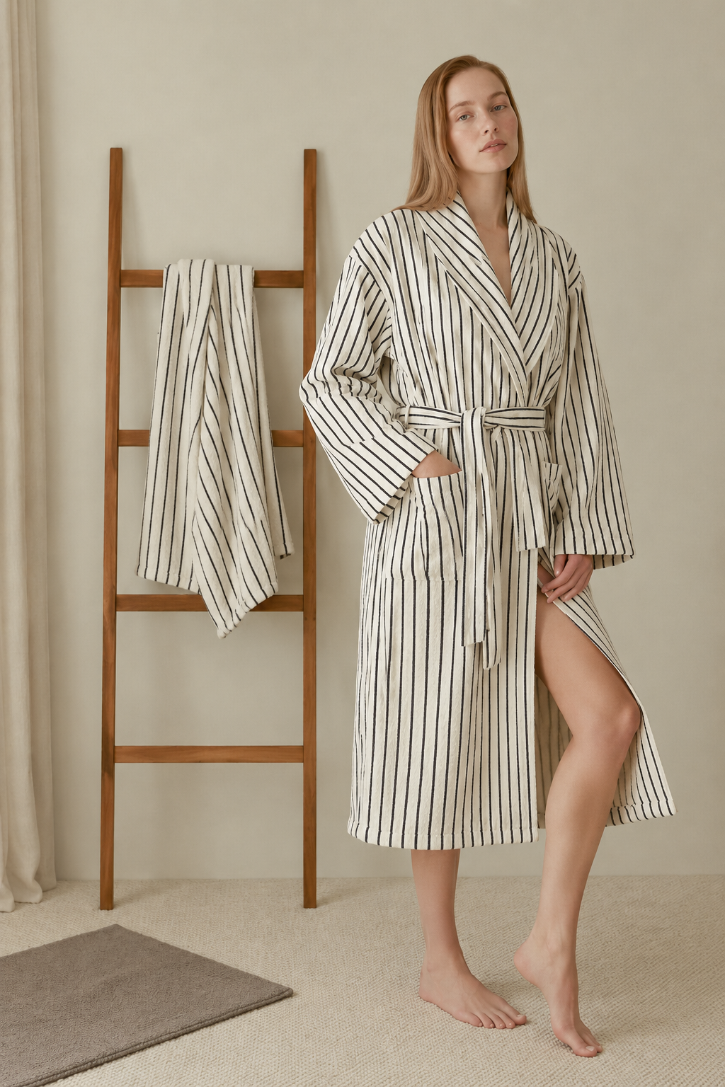 In Lines Yarn Dyed Women's Bathrobe Ecru