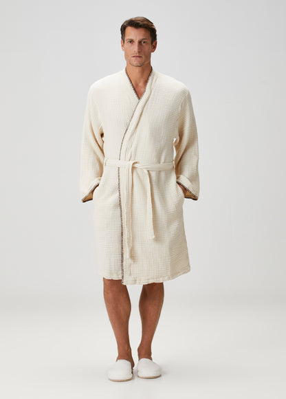 Loom 4 Katlı Müslin Çoban Dikşili Erkek Bornoz Kum Bej