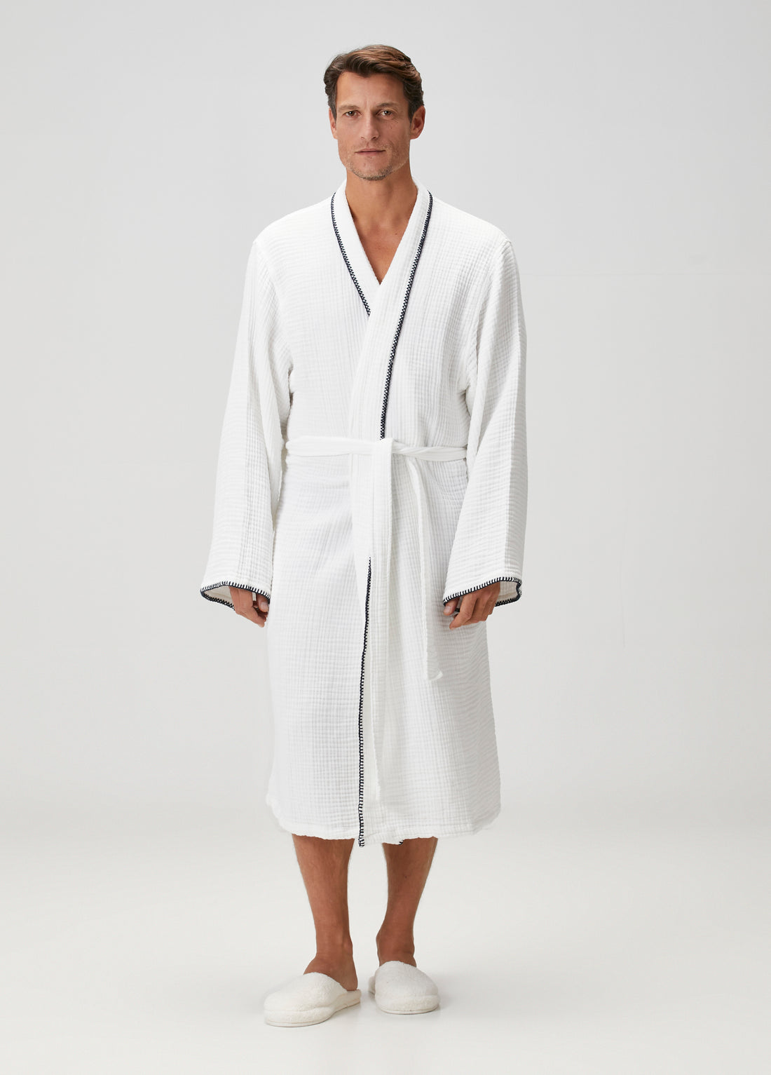 Loom 4 Katlı Müslin Çoban Dikşili Erkek Bornoz Beyaz