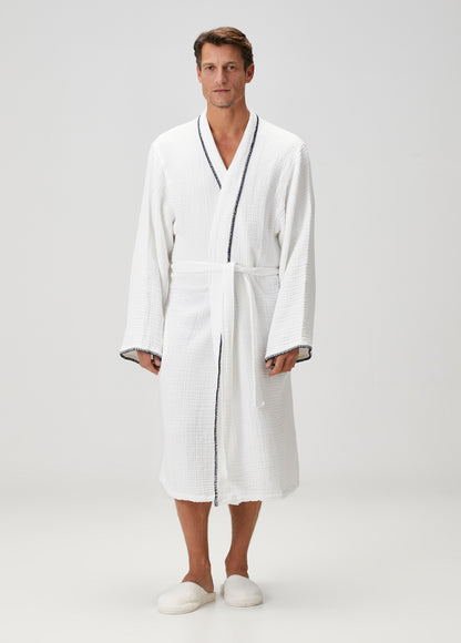 Loom 4 Katlı Müslin Çoban Dikşili Erkek Bornoz Beyaz