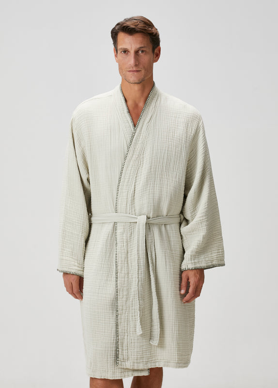 Loom 4 Katlı Müslin Çoban Dikişli Bornoz Takımı Adaçayı