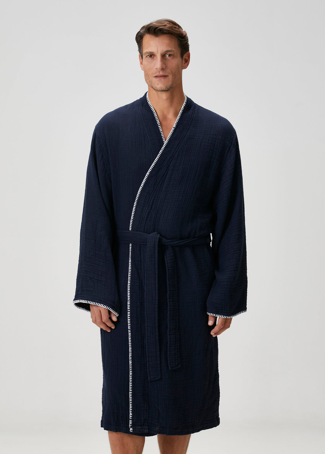 Loom 4 Katlı Müslin Çoban Dikşili Erkek Bornoz Lacivert