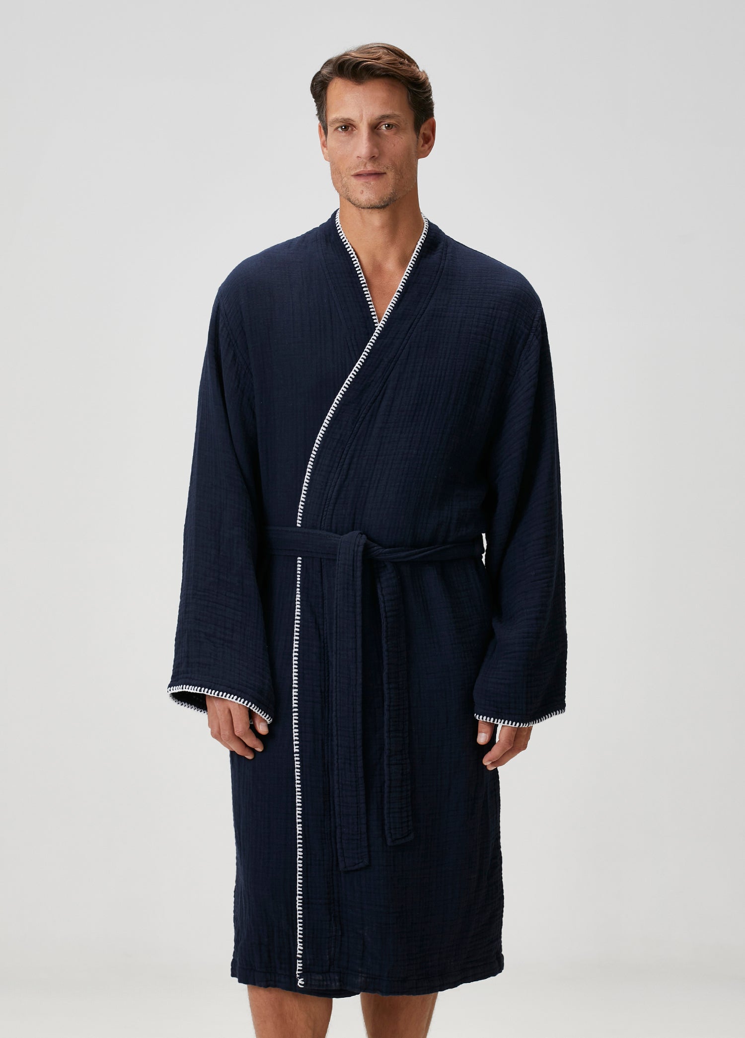 Loom 4 Katlı Müslin Çoban Dikşili Erkek Bornoz Lacivert