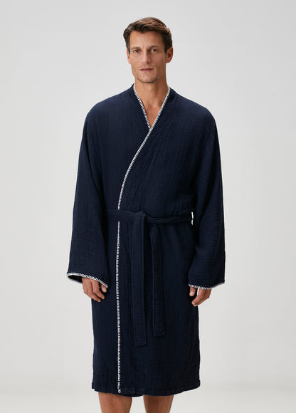 Loom 4 Katlı Müslin Çoban Dikşili Erkek Bornoz Lacivert