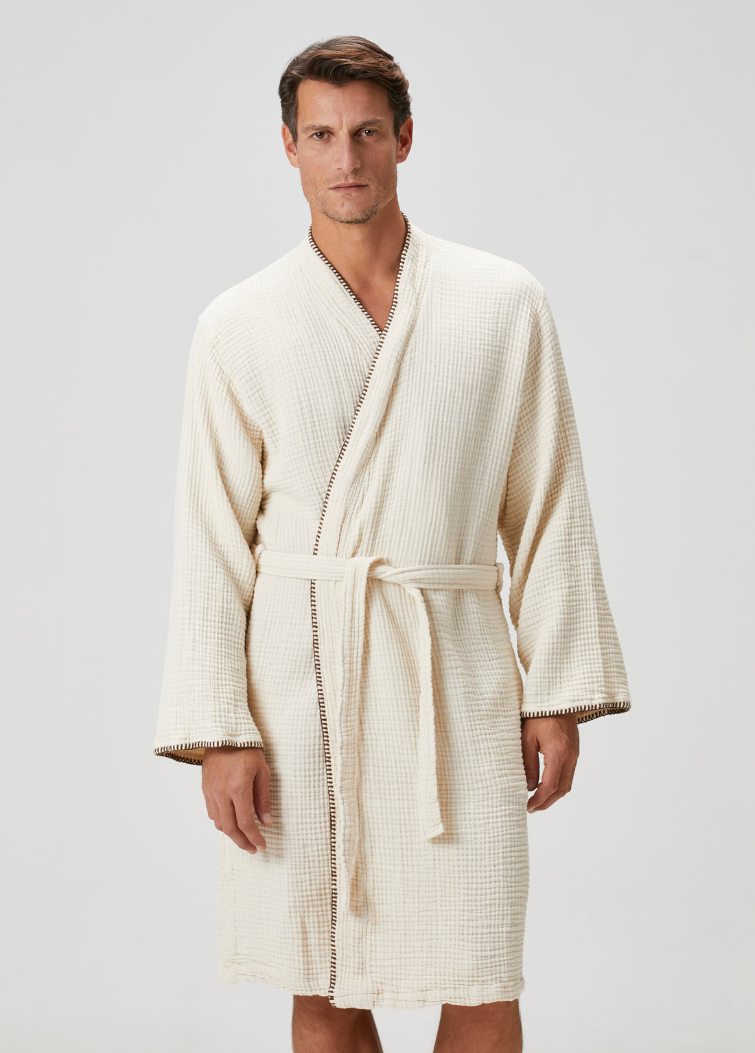 Loom 4 Katlı Müslin Çoban Dikşili Erkek Bornoz Kum Bej