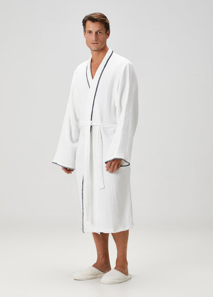 Loom 4 Katlı Müslin Çoban Dikşili Erkek Bornoz Beyaz