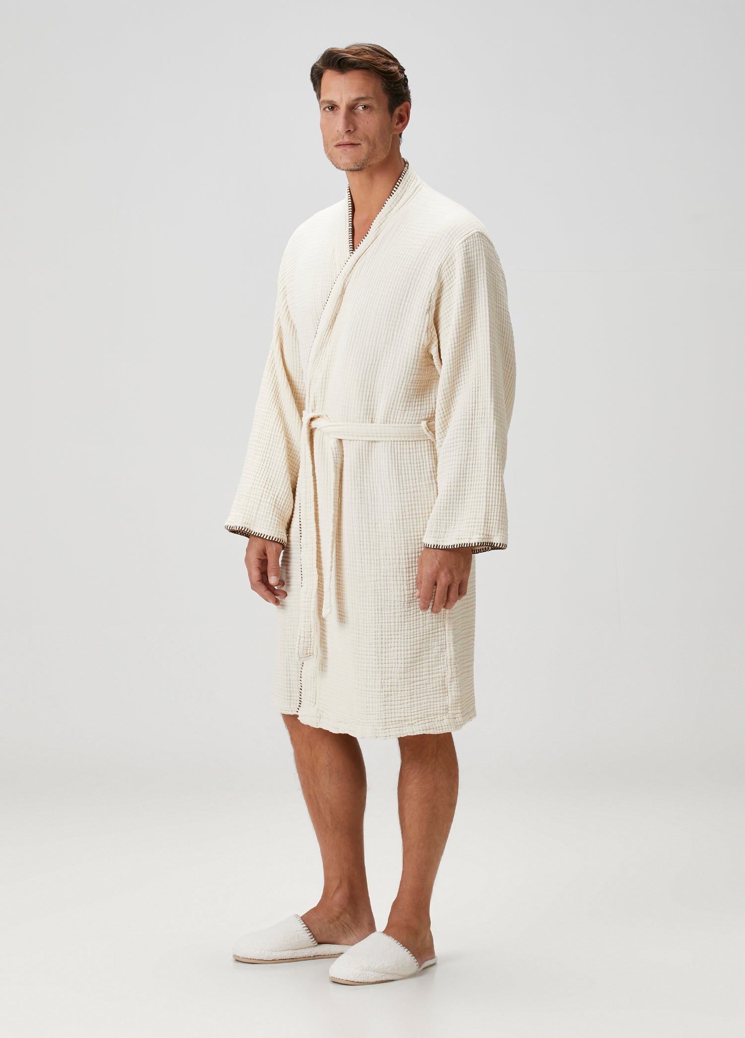 Loom 4 Katlı Müslin Çoban Dikşili Erkek Bornoz Kum Bej