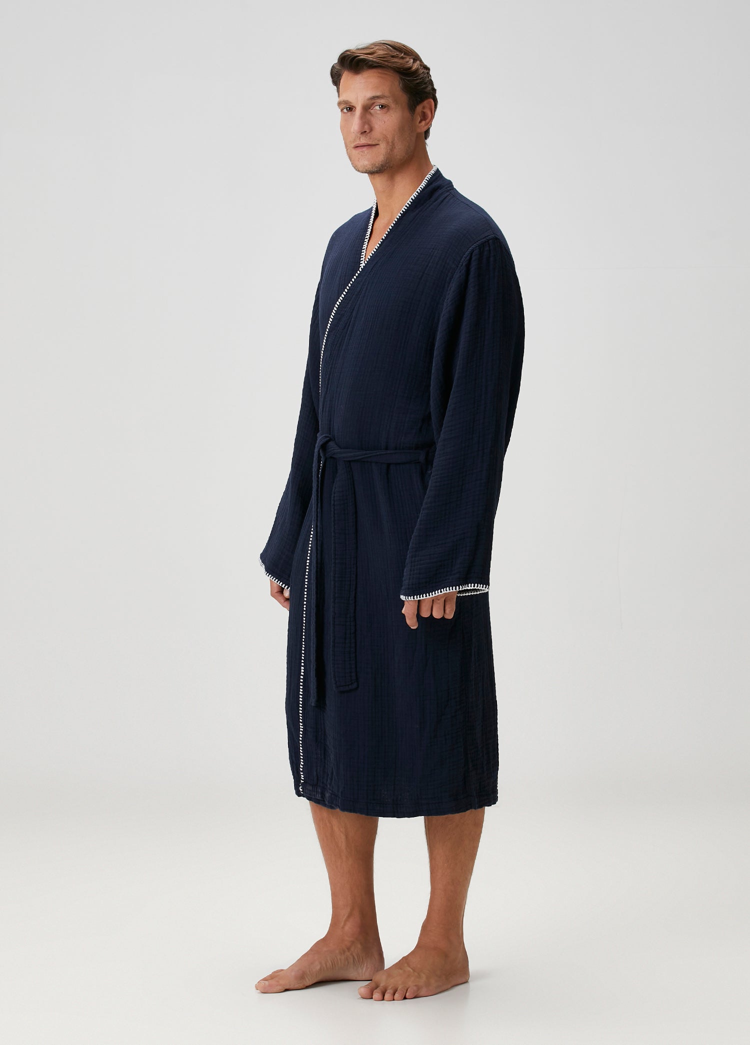 Loom 4 Katlı Müslin Çoban Dikşili Erkek Bornoz Lacivert