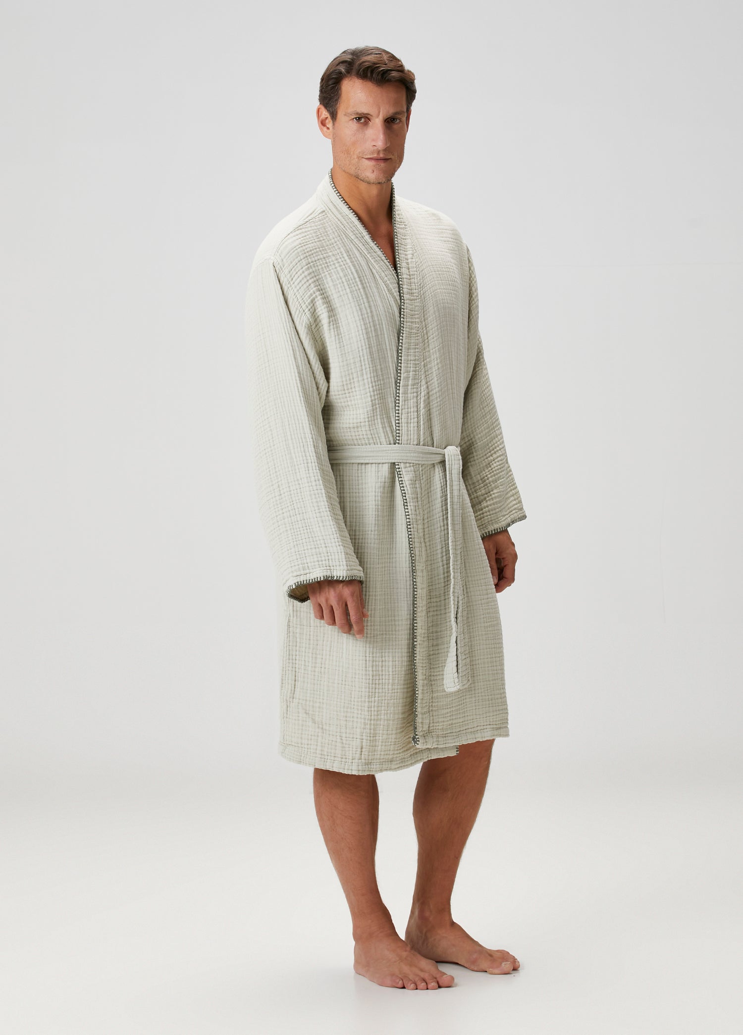 Loom 4 Katlı Müslin Çoban Dikişli Erkek Bornoz Adaçayı