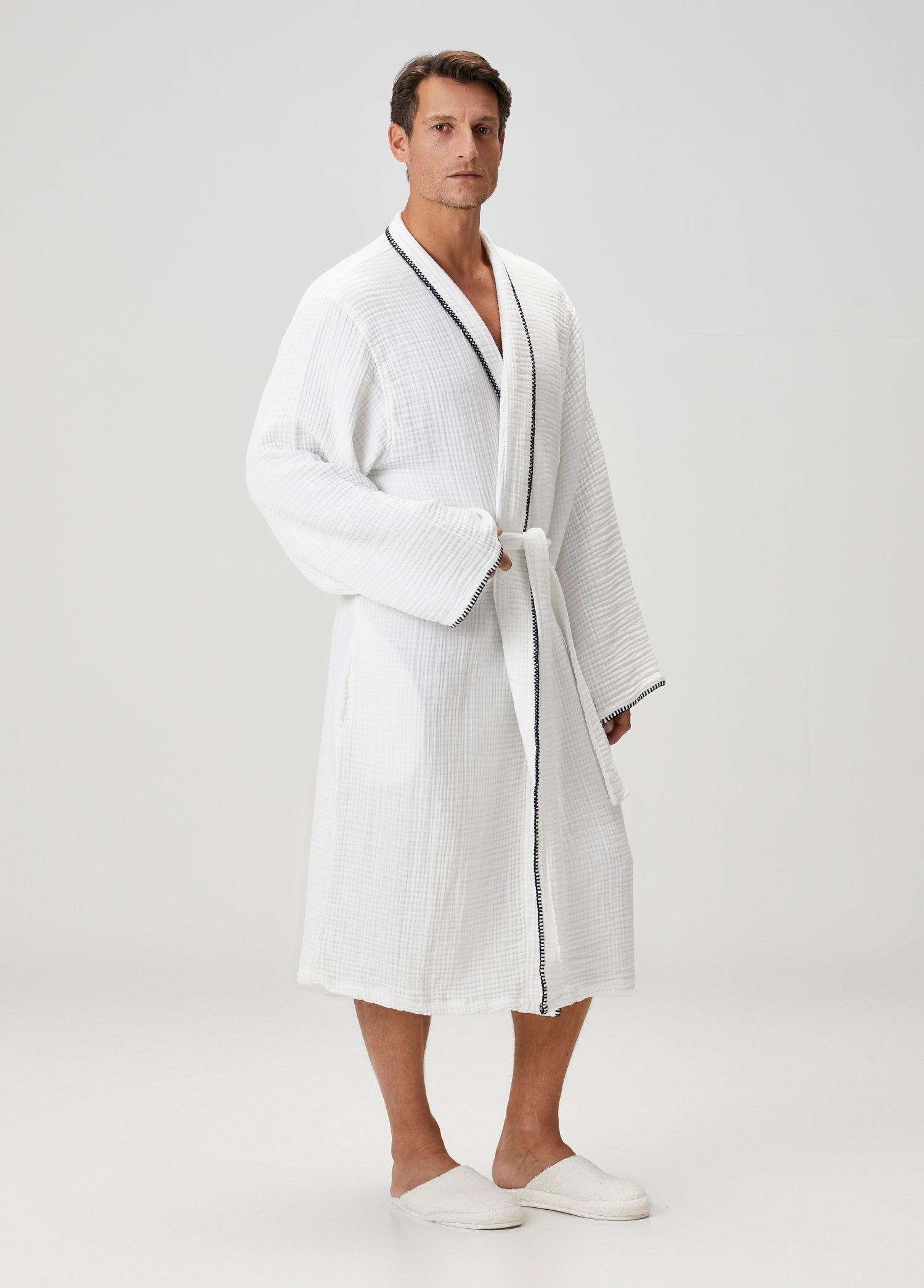 Loom 4 Katlı Müslin Çoban Dikşili Erkek Bornoz Beyaz