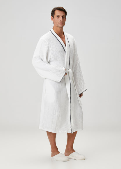 Loom 4 Katlı Müslin Çoban Dikşili Erkek Bornoz Beyaz