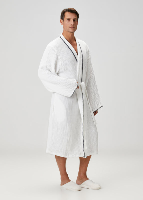 Loom 4 Katlı Müslin Çoban Dikişli Bornoz Takımı Beyaz